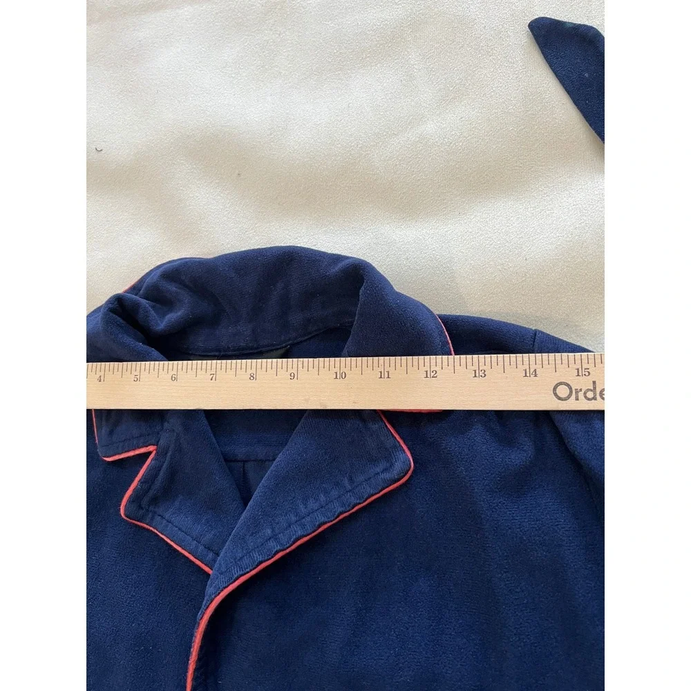 Vintage Pierre Cardin Navy Blue Full Length Robe Pink Trim Logo Embroidered